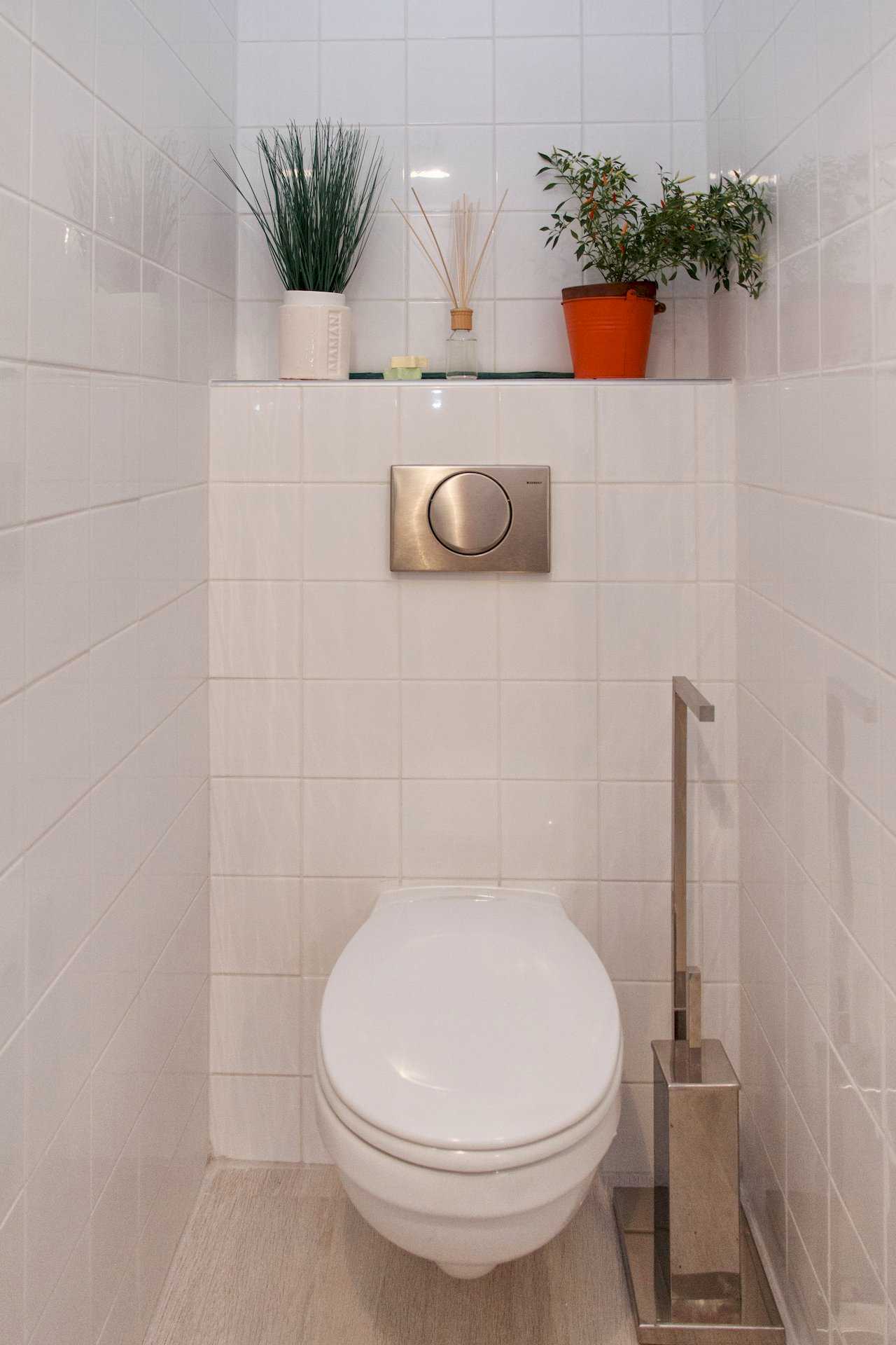 WC prostor sa zidnom WC šoljom, tipkom i policom sa biljkama – Apartman Atelje 1 – City Break Apartments