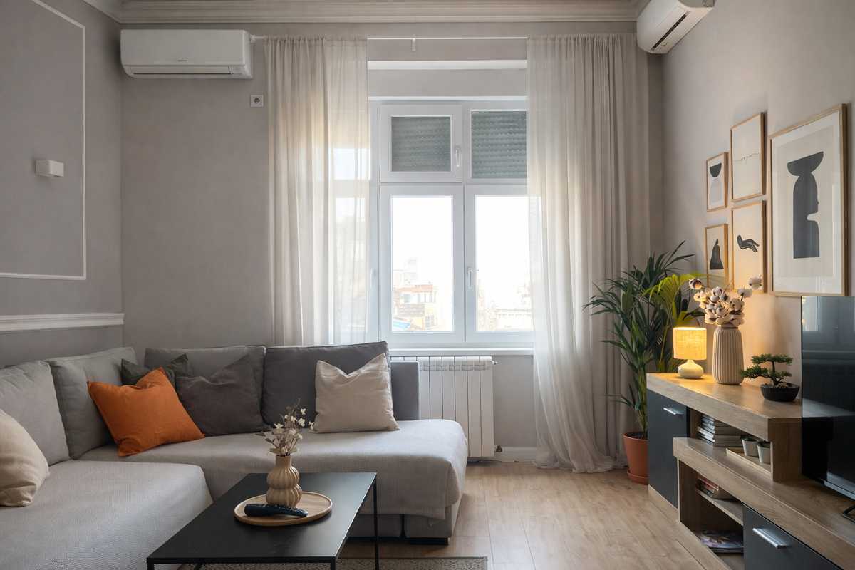 Corner sofa by the large window and TV console with decor – Apartment Cityzen – City Break Apartments