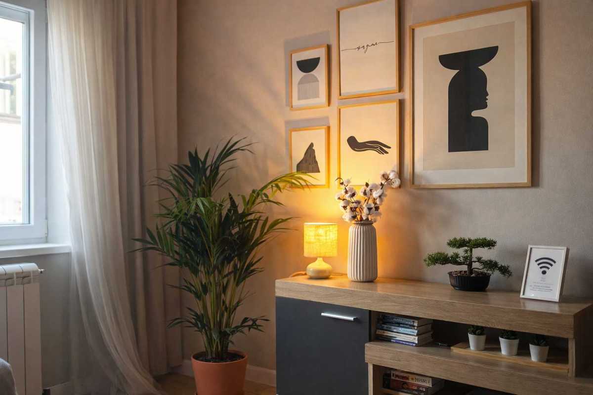 TV console with wall art and a potted plant by the window – Apartment Cityzen – City Break Apartments