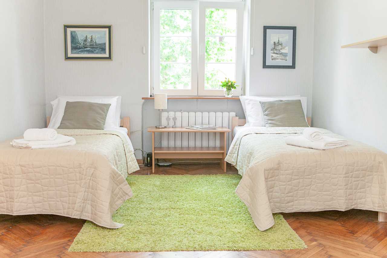 Apartment Downtown (Skadarlija, Belgrade) – twin bedroom with window, trees outside and green rug