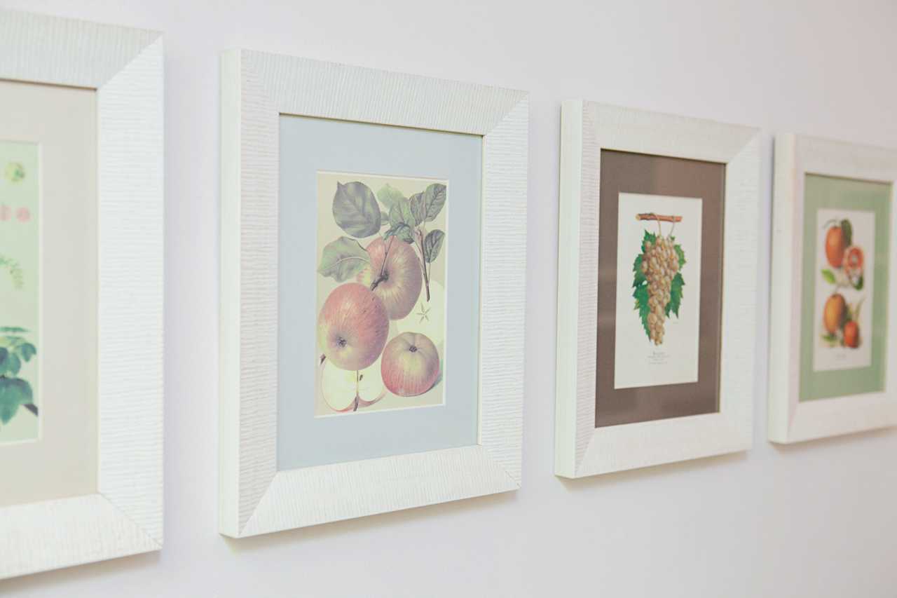 Apartment Downtown (Skadarlija, Belgrade) – row of framed botanical fruit prints on the wall