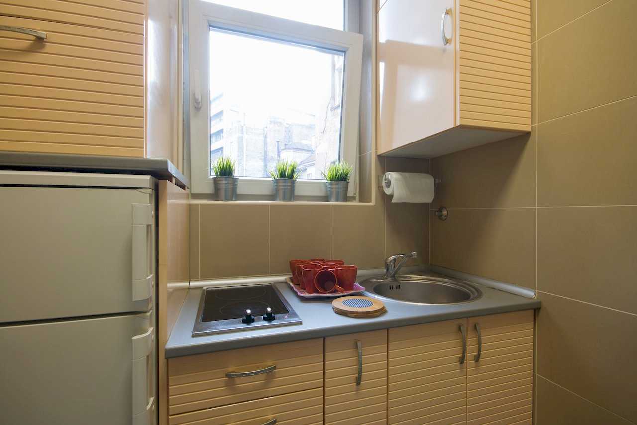 Kitchen detail with two-burner cooktop, round sink, beige wall tiles, and plants on the windowsill – Apartment Klio – City Break Apartments