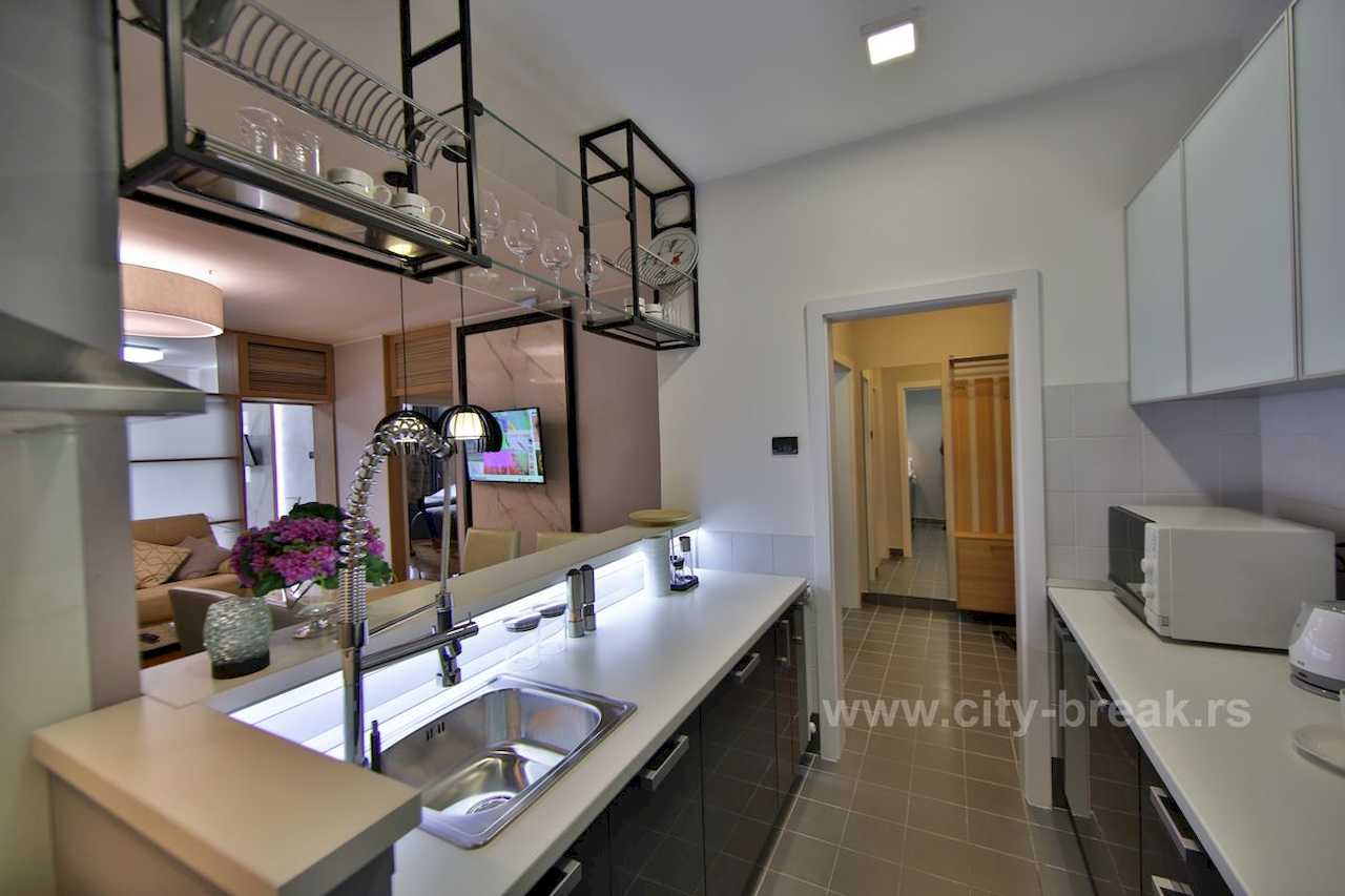 Kuhinja sa tamnim donjim elementima, pogled na dnevni boravak i hodnik – Apartman Merkator – City Break Apartments