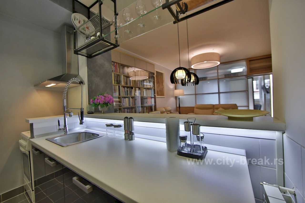 Kuhinjski šank sa LED osvetljenjem i pogledom na dnevnu sobu sa bibliotekom – Apartman Merkator – City Break Apartments