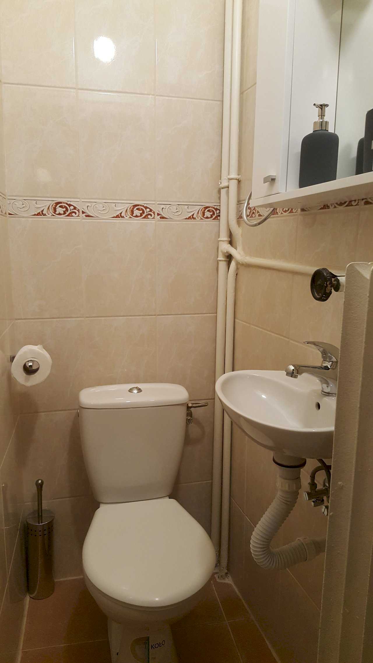 Bathroom with toilet, wall-mounted sink, mirrored cabinet, beige wall tiles, and decorative border – Apartment Opera – City Break Apartments