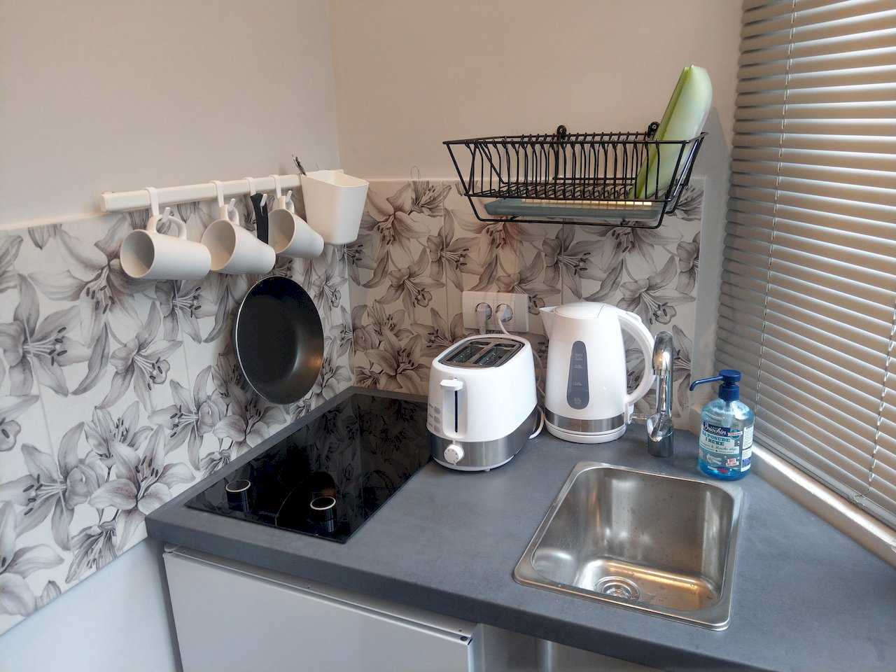 Apartment Pobednik (Hilandarska Street, Belgrade) – kitchenette counter with sink, kettle and toaster