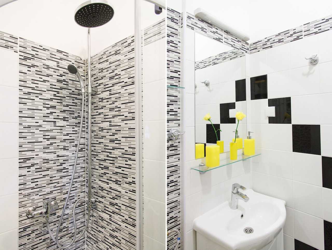 Apartman Sweet (Beograd, centar) – tuš kabina sa nadglavnim tušem i lavabo sa belim pločicama i žutim aksesoarima