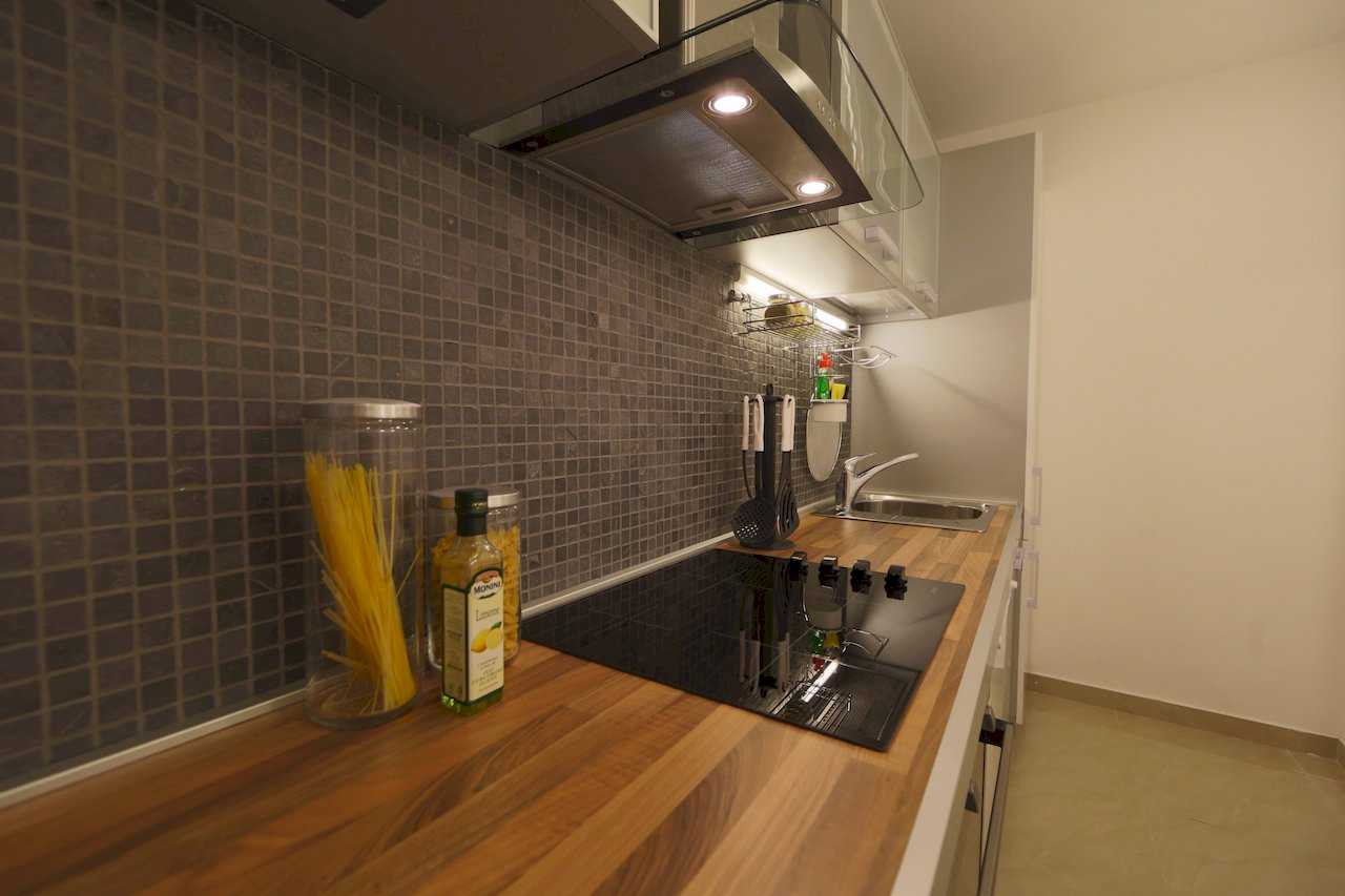 Apartment Taš 2 (King Alexander Boulevard, Tašmajdan, Belgrade) – kitchen with wood countertop, black ceramic hob, mosaic backsplash and hood