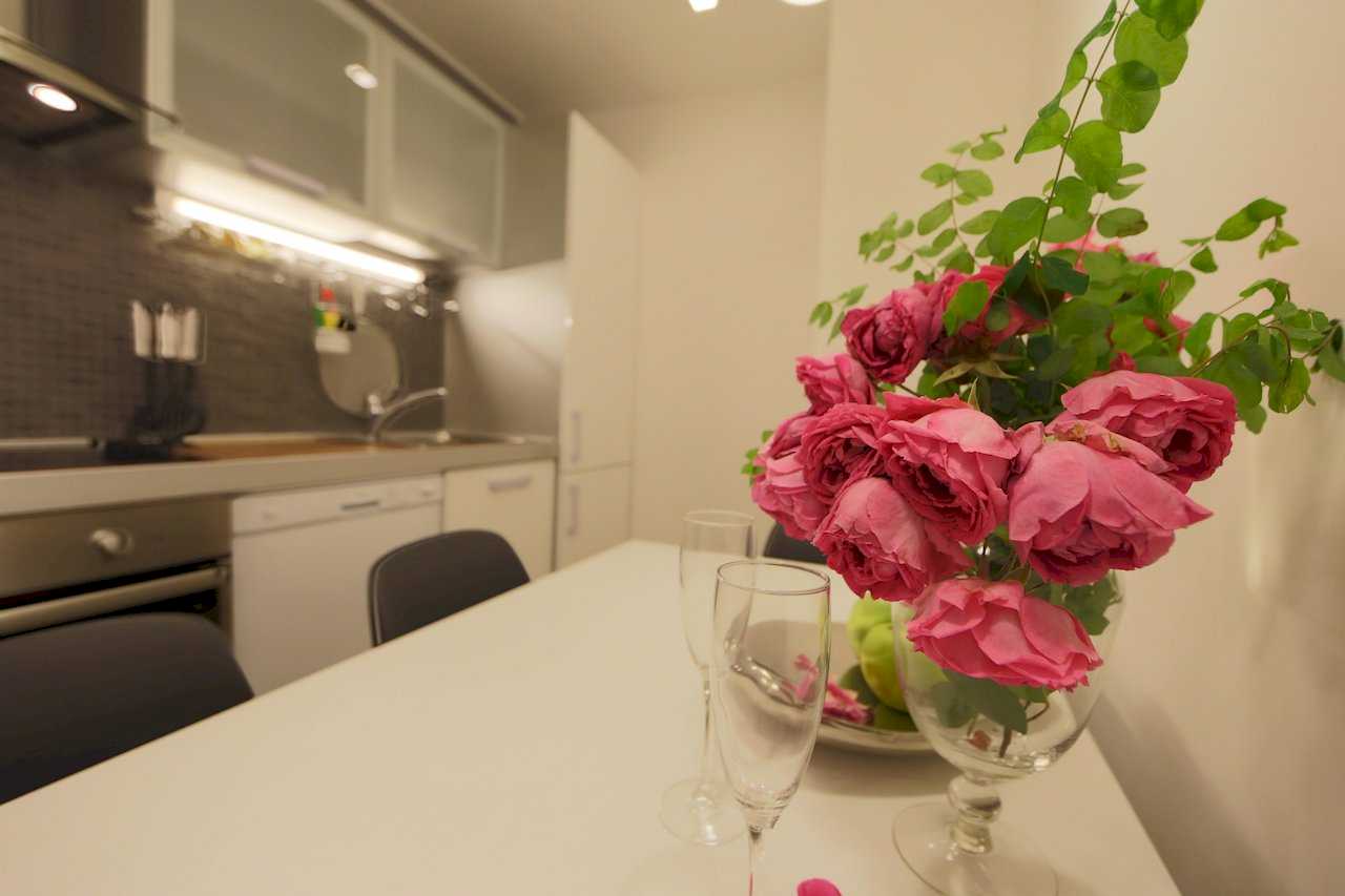 Apartment Taš 2 (King Alexander Boulevard, Tašmajdan, Belgrade) – white dining table with roses and flutes, view of kitchen with LED lighting