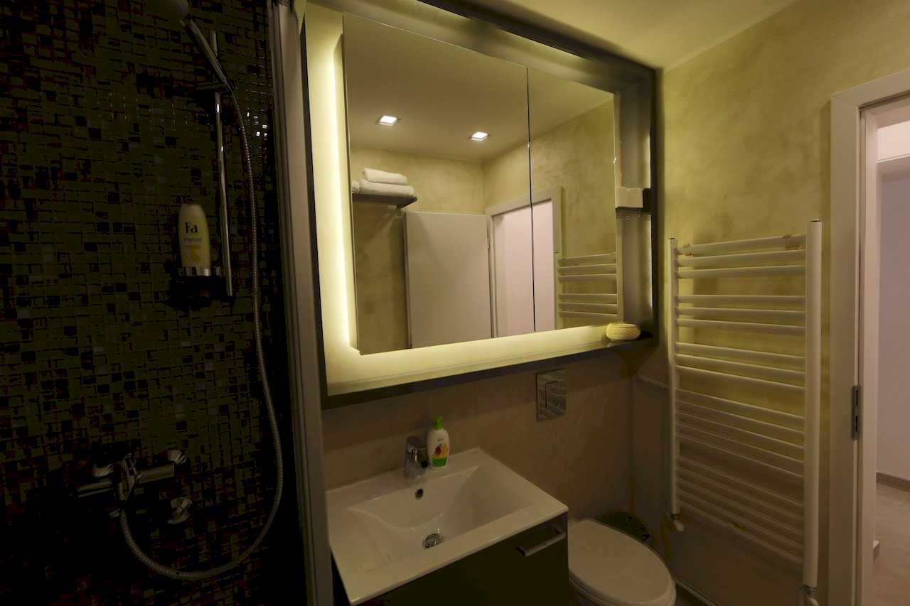 Apartment Taš 2 (King Alexander Boulevard, Tašmajdan, Belgrade) – bathroom with mosaic shower, vanity sink, backlit mirror and towel radiator