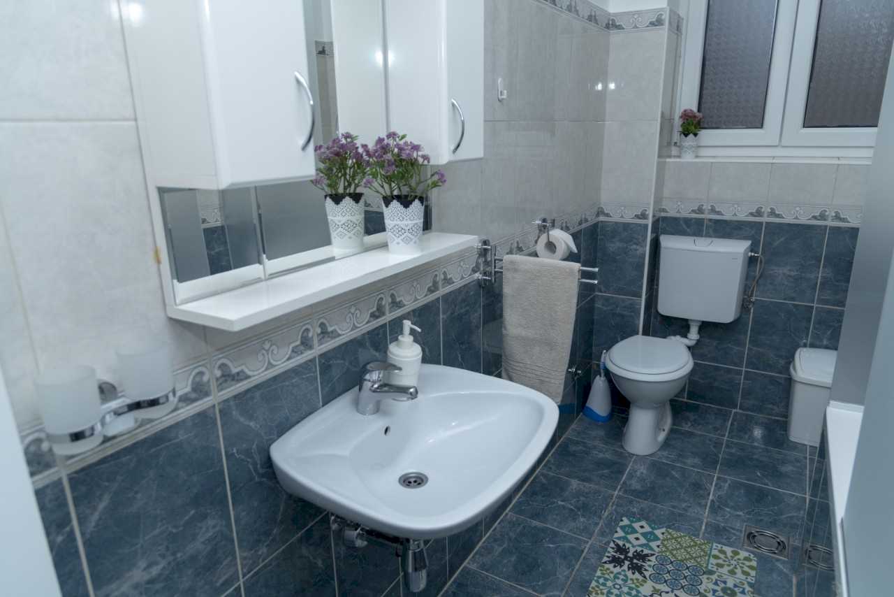 Četvorosobni stan Trg 4 (Kolarčeva, Beograd) – kupatilo sa belim lavaboom, visećim ormarićem sa ogledalima i tamnoplavim pločicama