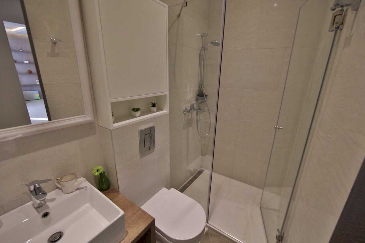 Apartman Twin 1 (Carice Milice, centar Beograda) – detalj kupatila: walk-in tuš sa staklenim vratima, polica sa biljkama i umivaonik sa ogledalom